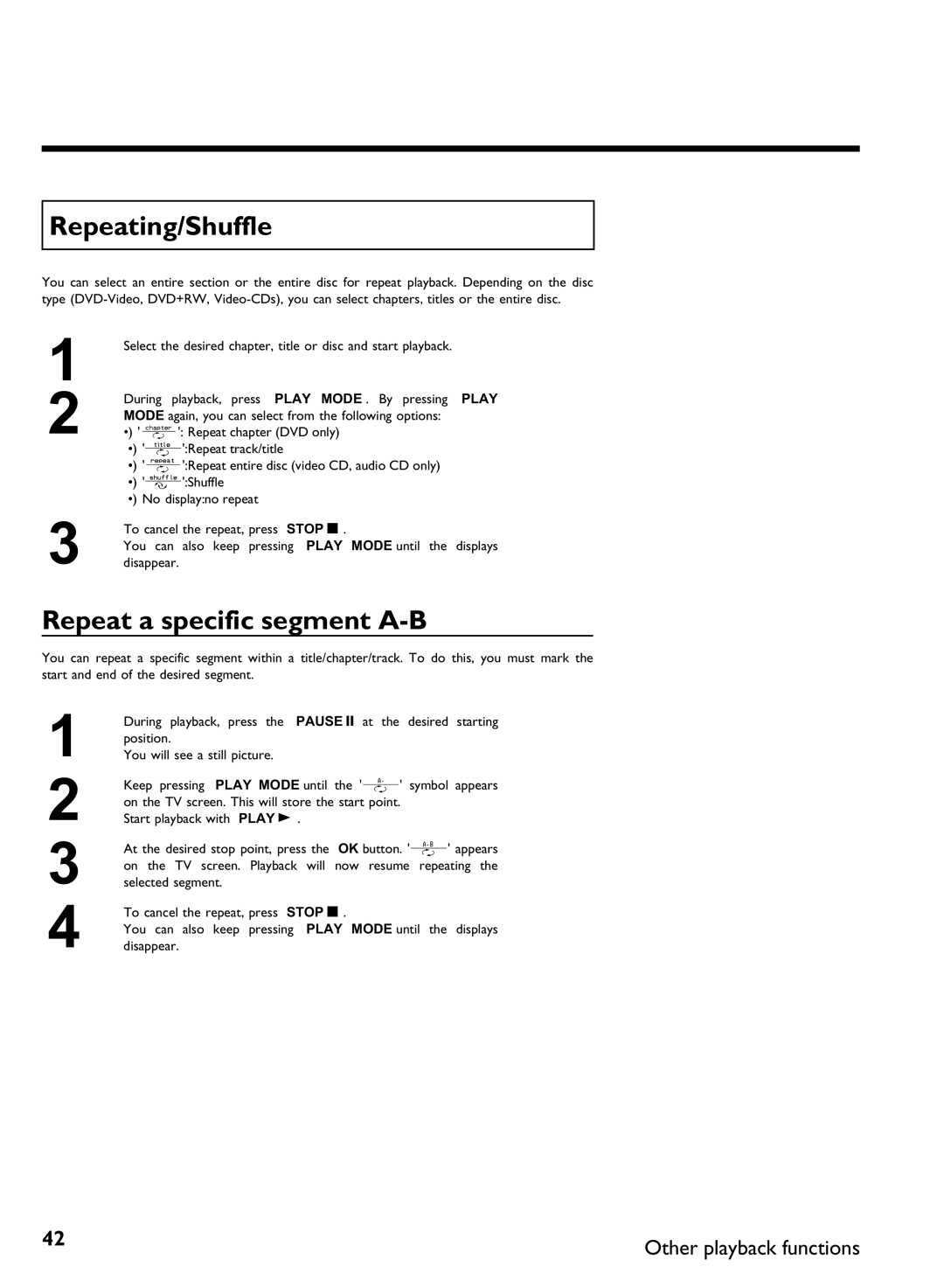 Philips DVDR3370H Repeating/Shuffle, Repeat a specific segment a, Repeat chapter DVD only Repeat track/title, Disappear 