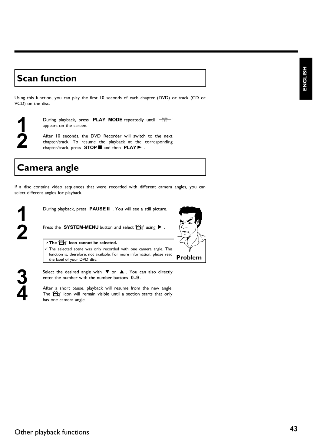 Philips DVDR3370H manual Scan function, Camera angle, AThe F icon cannot be selected 