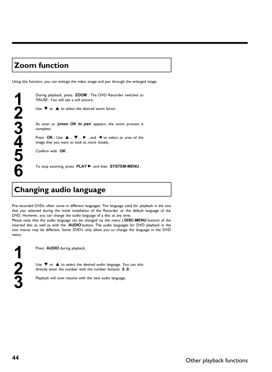 Philips DVDR3370H manual Zoom function, Changing audio language 