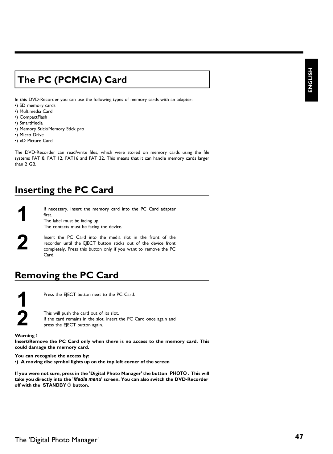 Philips DVDR3370H manual PC Pcmcia Card, Inserting the PC Card, Removing the PC Card 