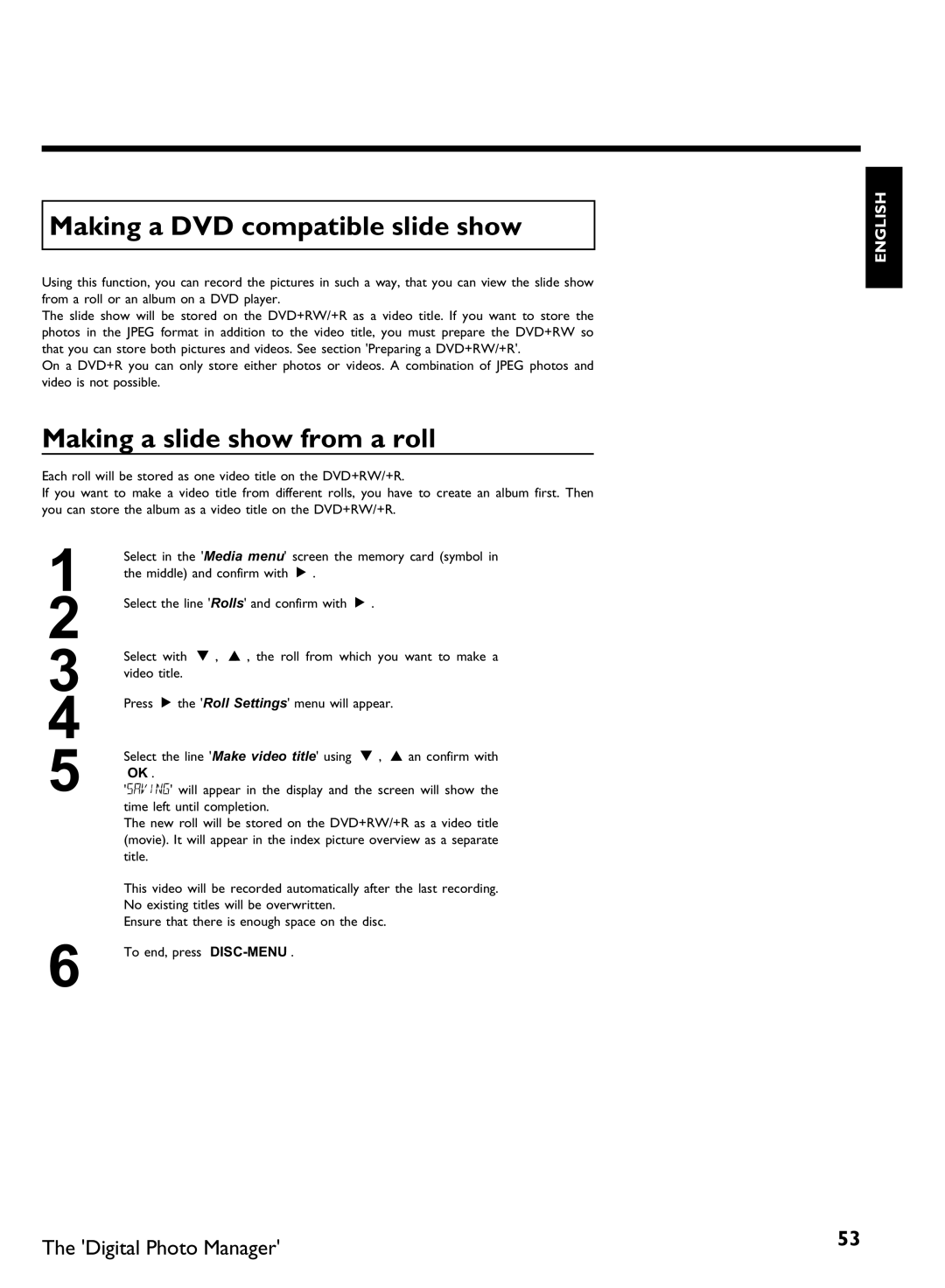 Philips DVDR3370H manual Making a DVD compatible slide show, Making a slide show from a roll 