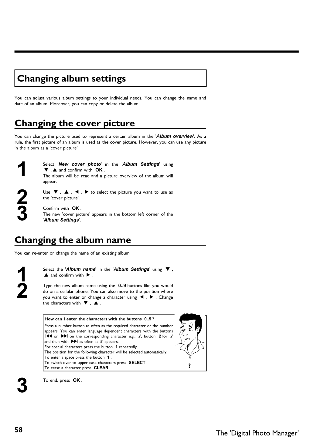 Philips DVDR3370H manual Changing album settings, Changing the cover picture, Changing the album name, To end, press OK 