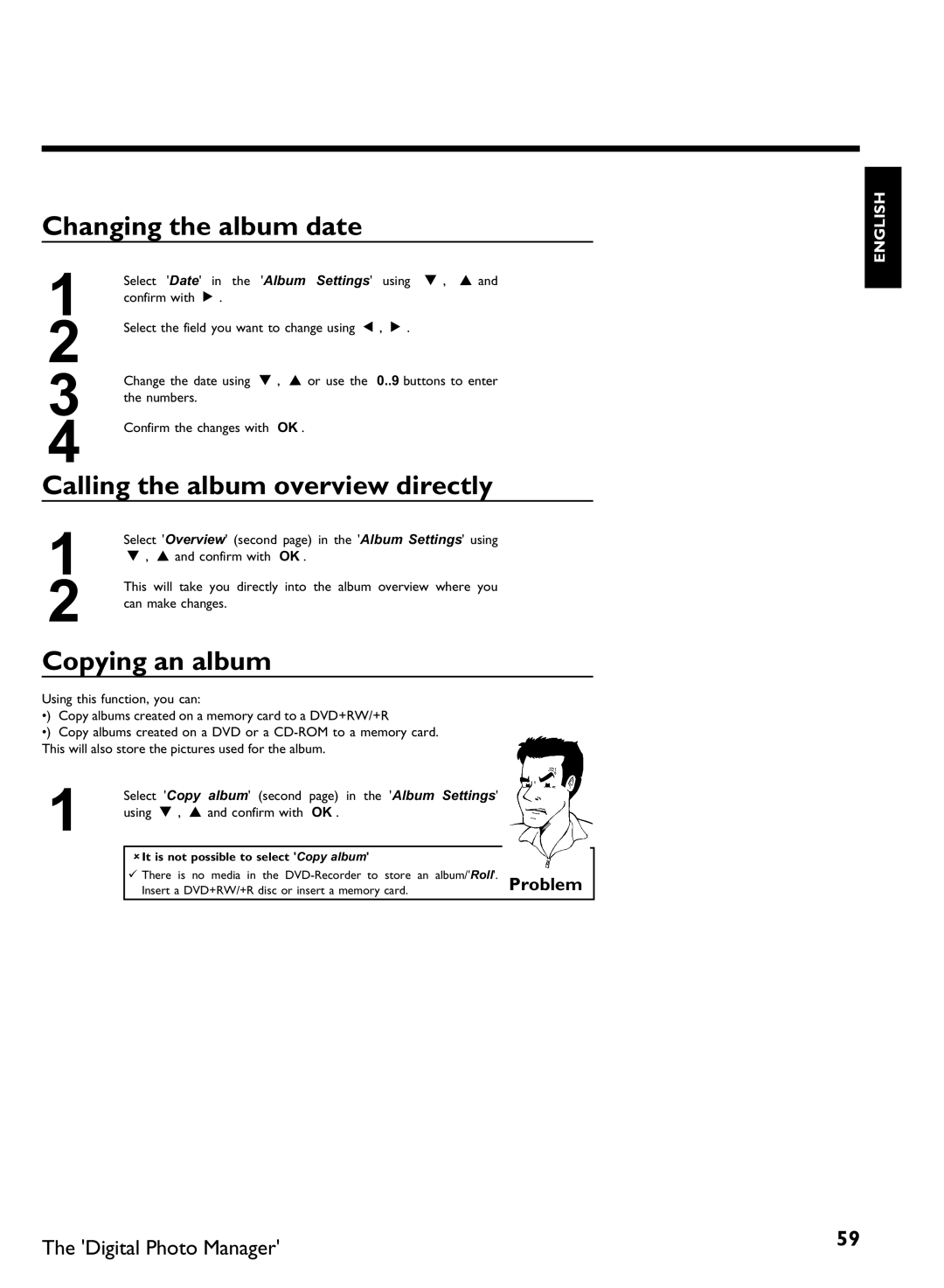 Philips DVDR3370H manual Changing the album date, Calling the album overview directly, Copying an album 