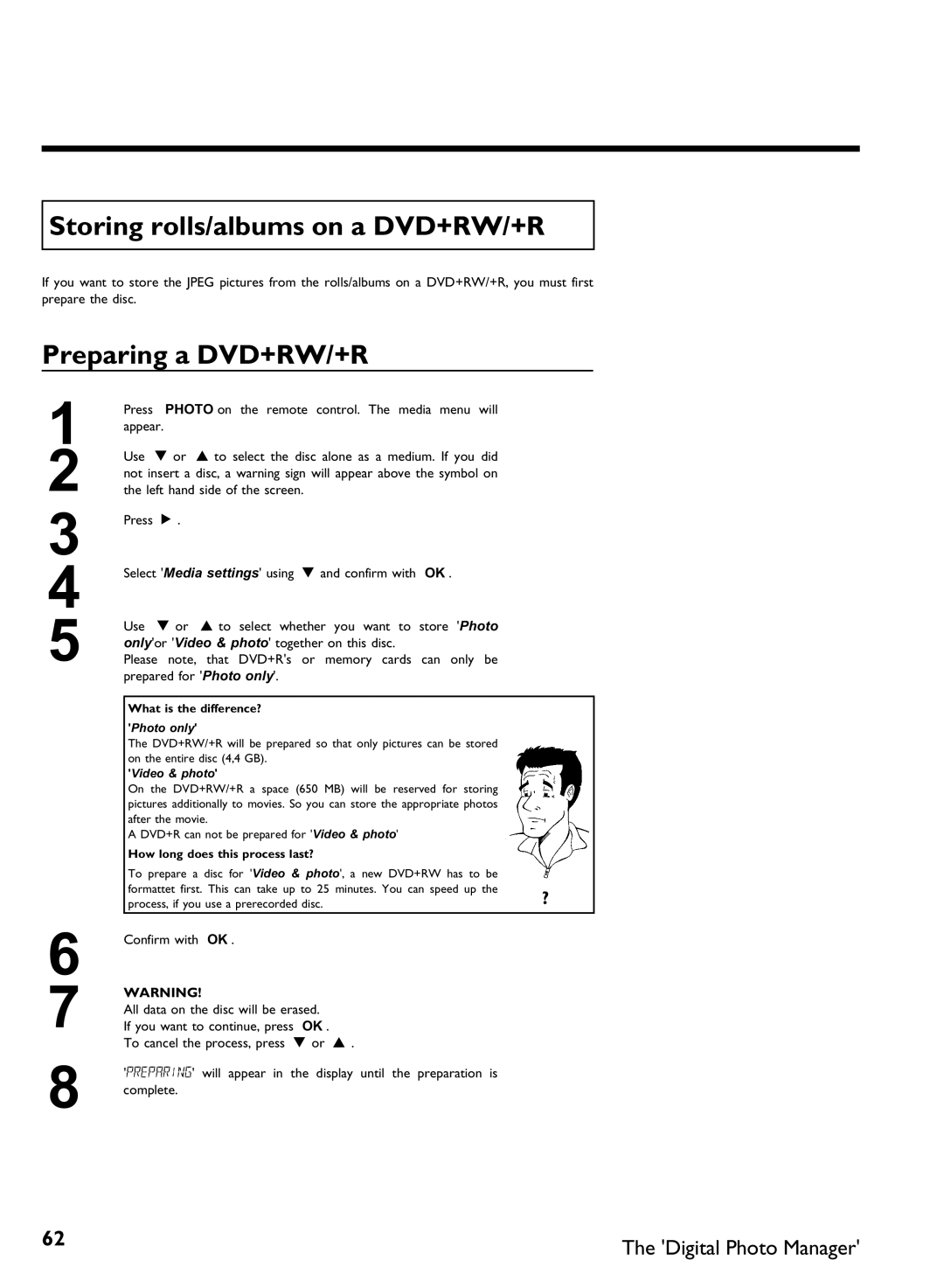 Philips DVDR3370H manual Storing rolls/albums on a DVD+RW/+R, Preparing a DVD+RW/+R, What is the difference? 