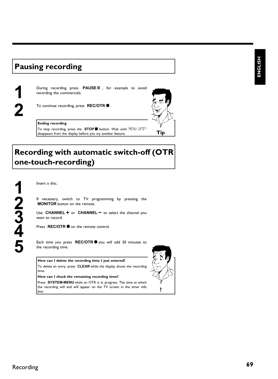 Philips DVDR3370H manual Pausing recording, Recording with automatic switch OTR one, Ending recording 