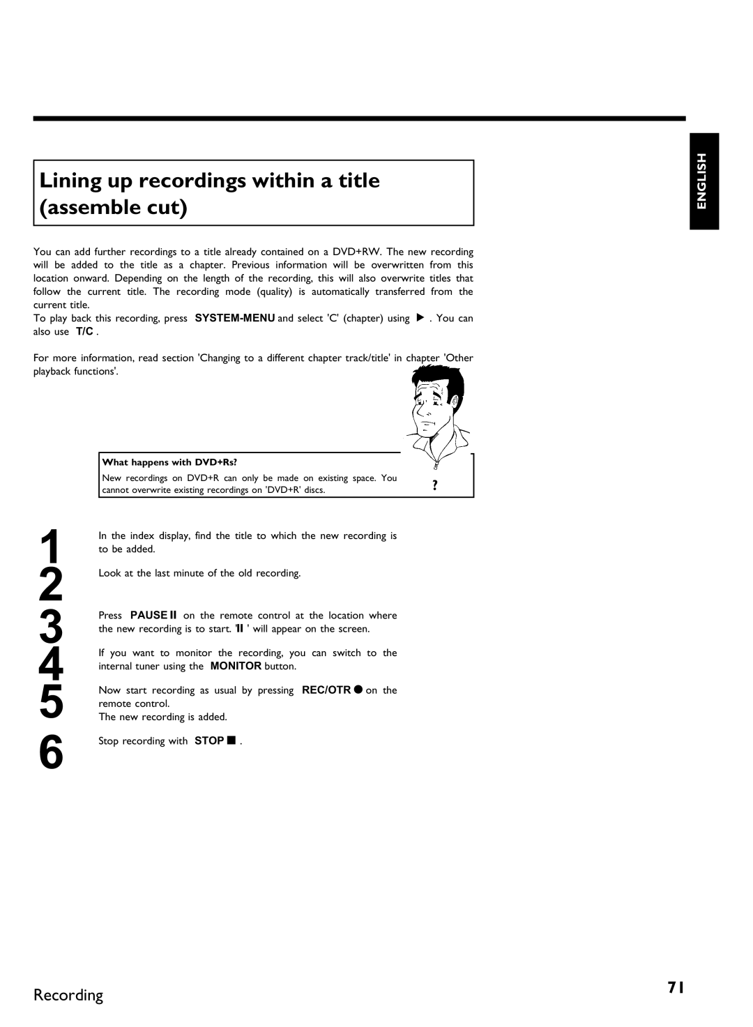 Philips DVDR3370H manual Lining up recordings within a title assemble cut 