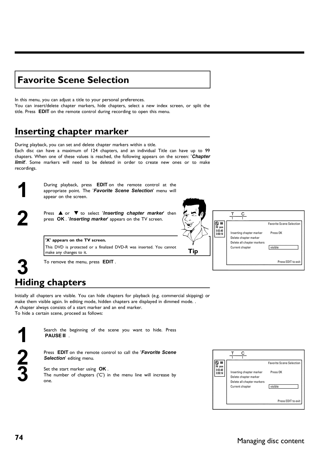 Philips DVDR3370H Favorite Scene Selection, Inserting chapter marker, Hiding chapters, To remove the menu, press Edit 