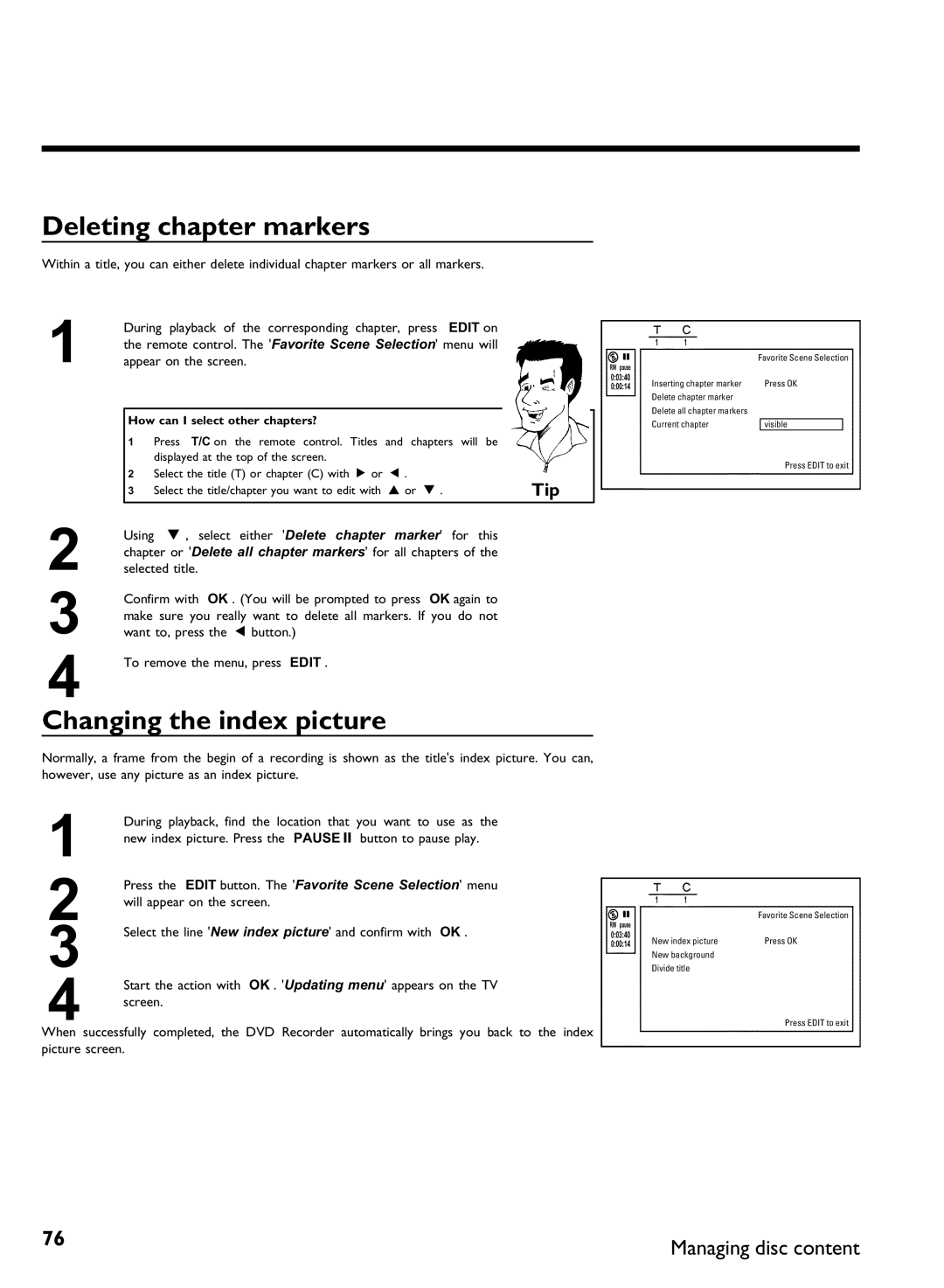 Philips DVDR3370H manual Deleting chapter markers, Changing the index picture, How can I select other chapters? 