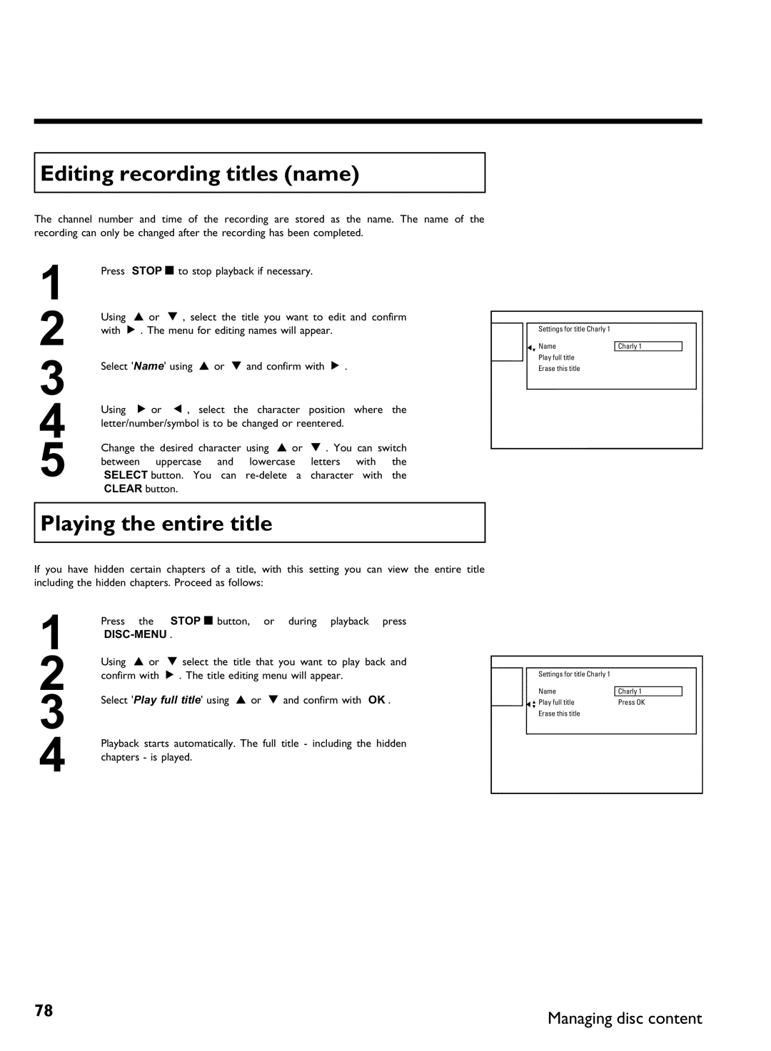 Philips DVDR3370H manual Editing recording titles name, Playing the entire title 