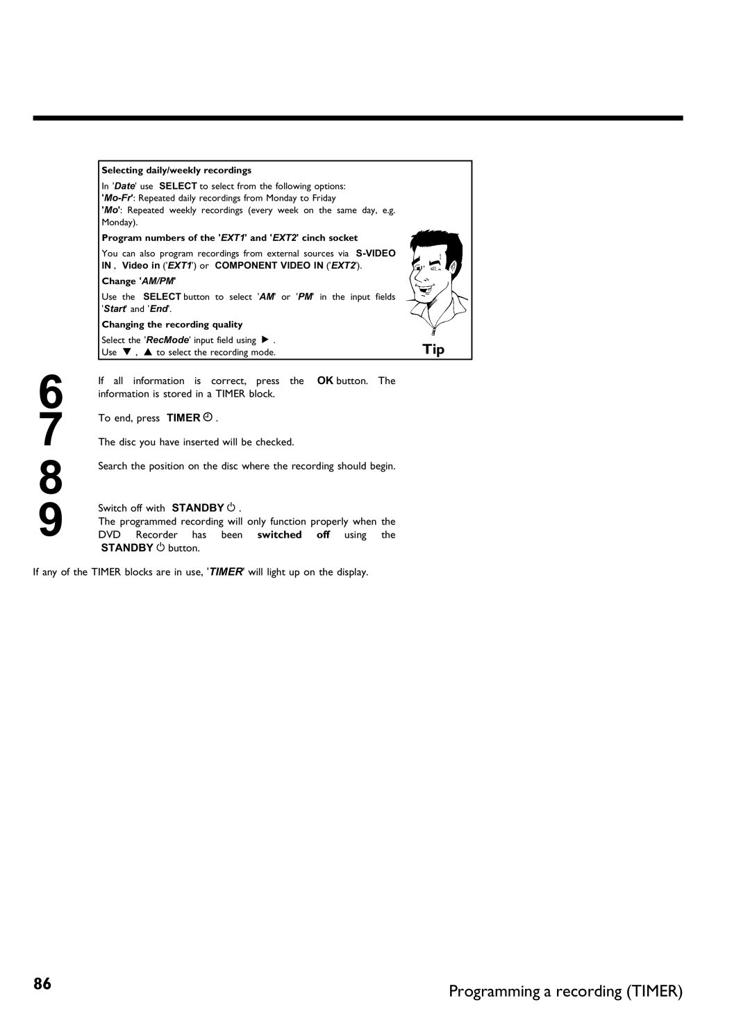 Philips DVDR3370H manual Selecting daily/weekly recordings, Program numbers of the EXT1 and EXT2 cinch socket 