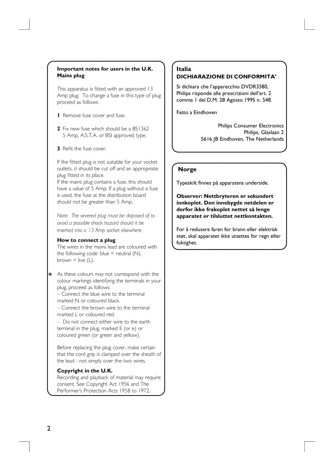 Philips DVDR3380 user manual Italia, Norge, Important notes for users in the U.K. Mains plug, How to connect a plug 