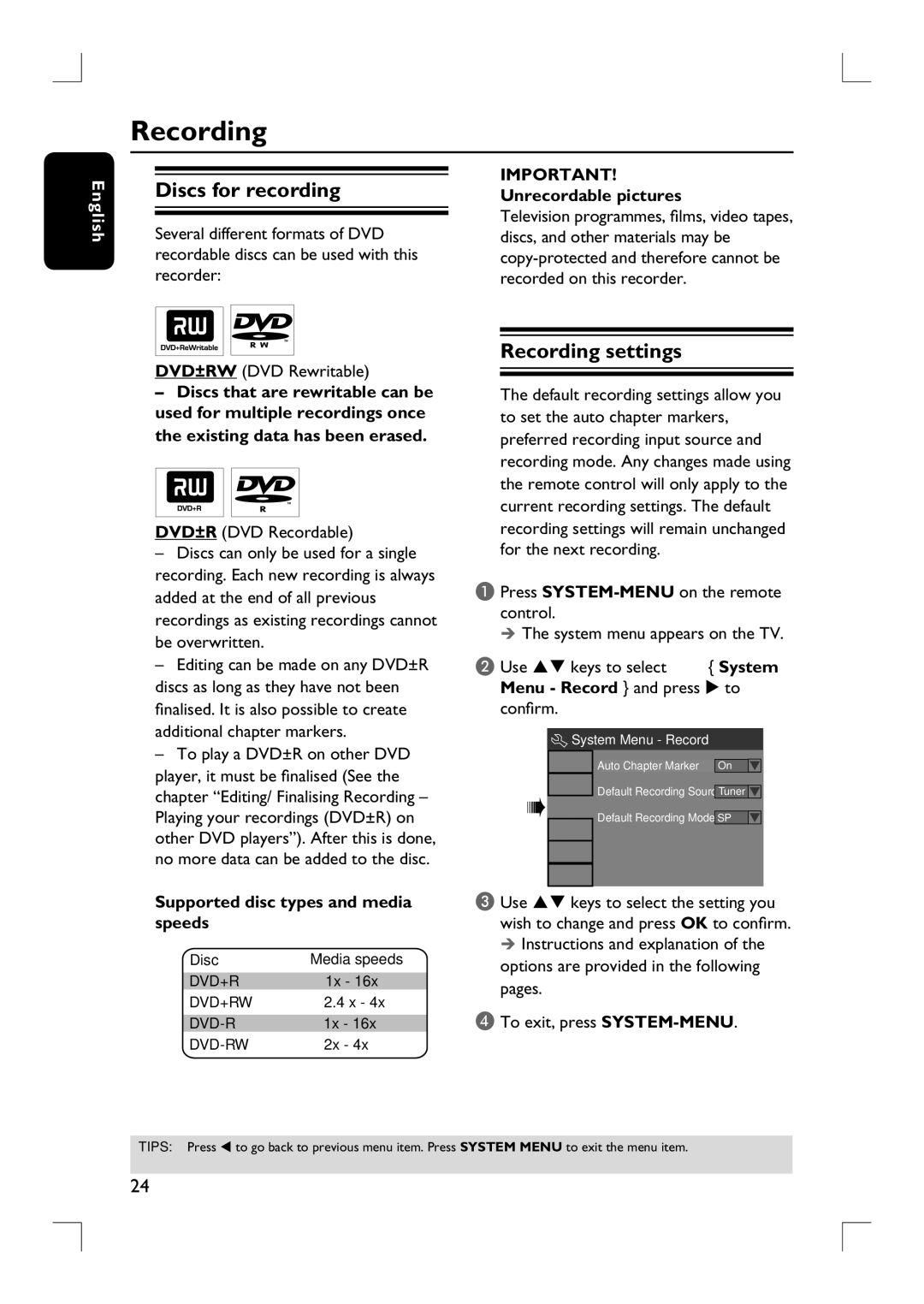 Philips DVDR3380 Discs for recording, Recording settings, Unrecordable pictures, Supported disc types and media speeds 