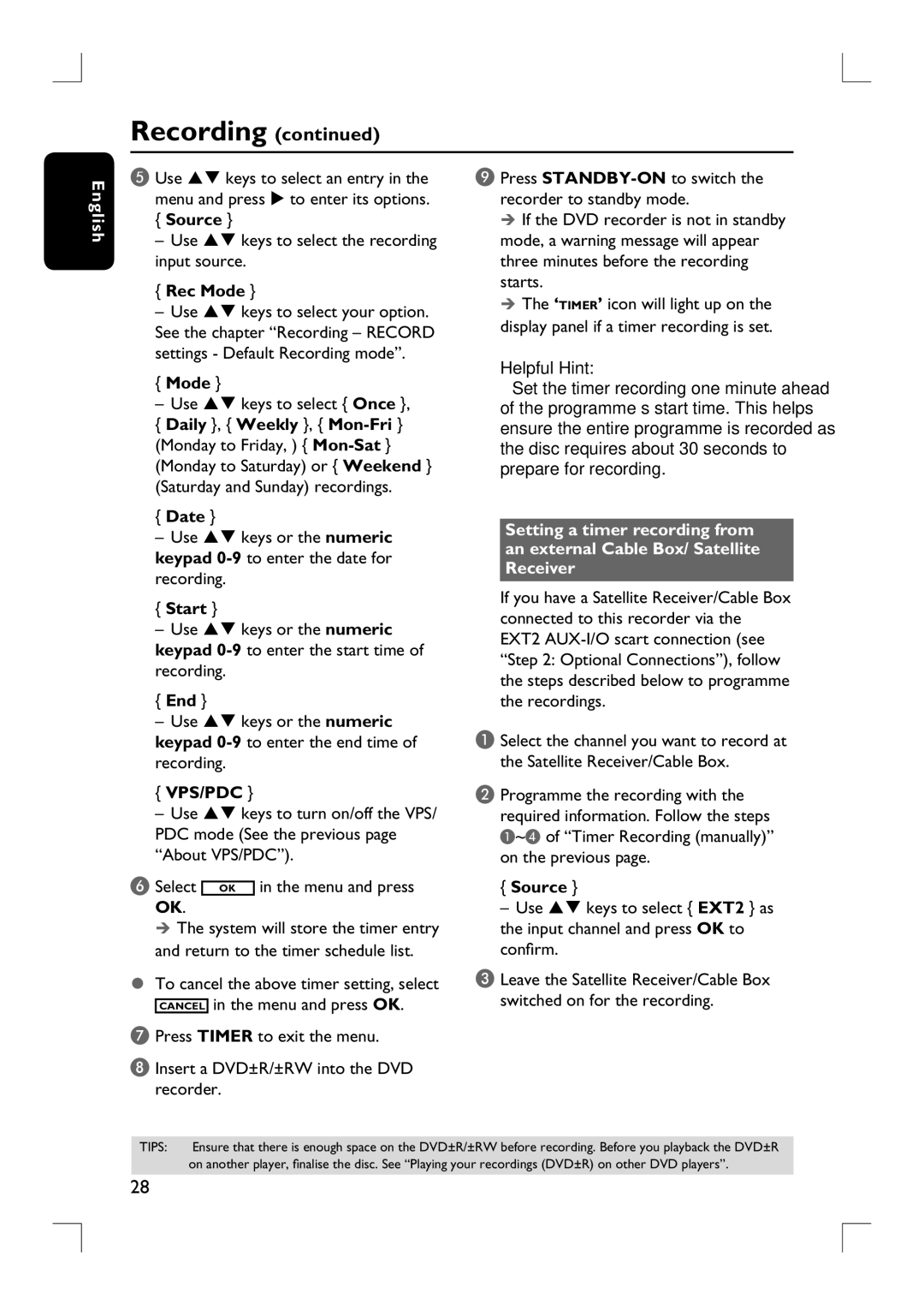 Philips DVDR3380 user manual Source, Use ST keys to select the recording input source, Date, Start, End 