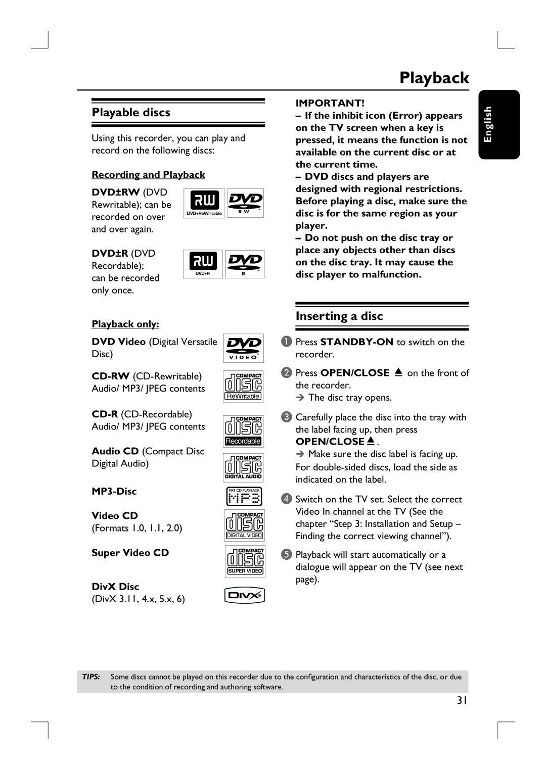 Philips DVDR3380 user manual Playback, Playable discs, Inserting a disc 