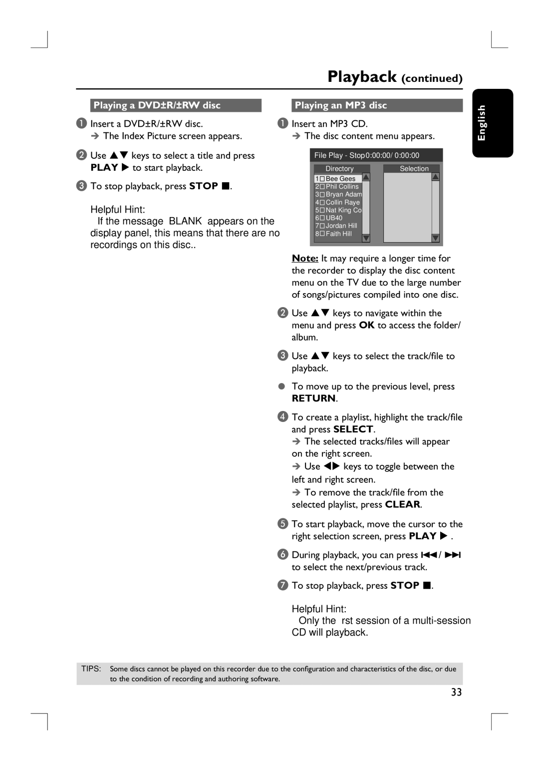 Philips DVDR3380 user manual Playing a DVD±R/±RW disc, Playing an MP3 disc, Insert an MP3 CD Disc content menu appears 