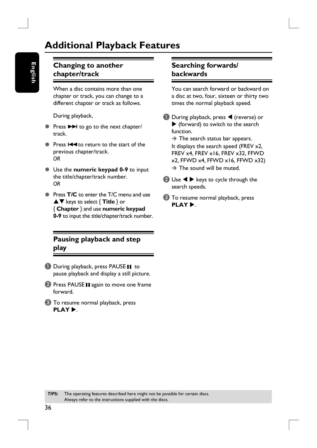 Philips DVDR3380 Additional Playback Features, Changing to another chapter/track, Pausing playback and step play 