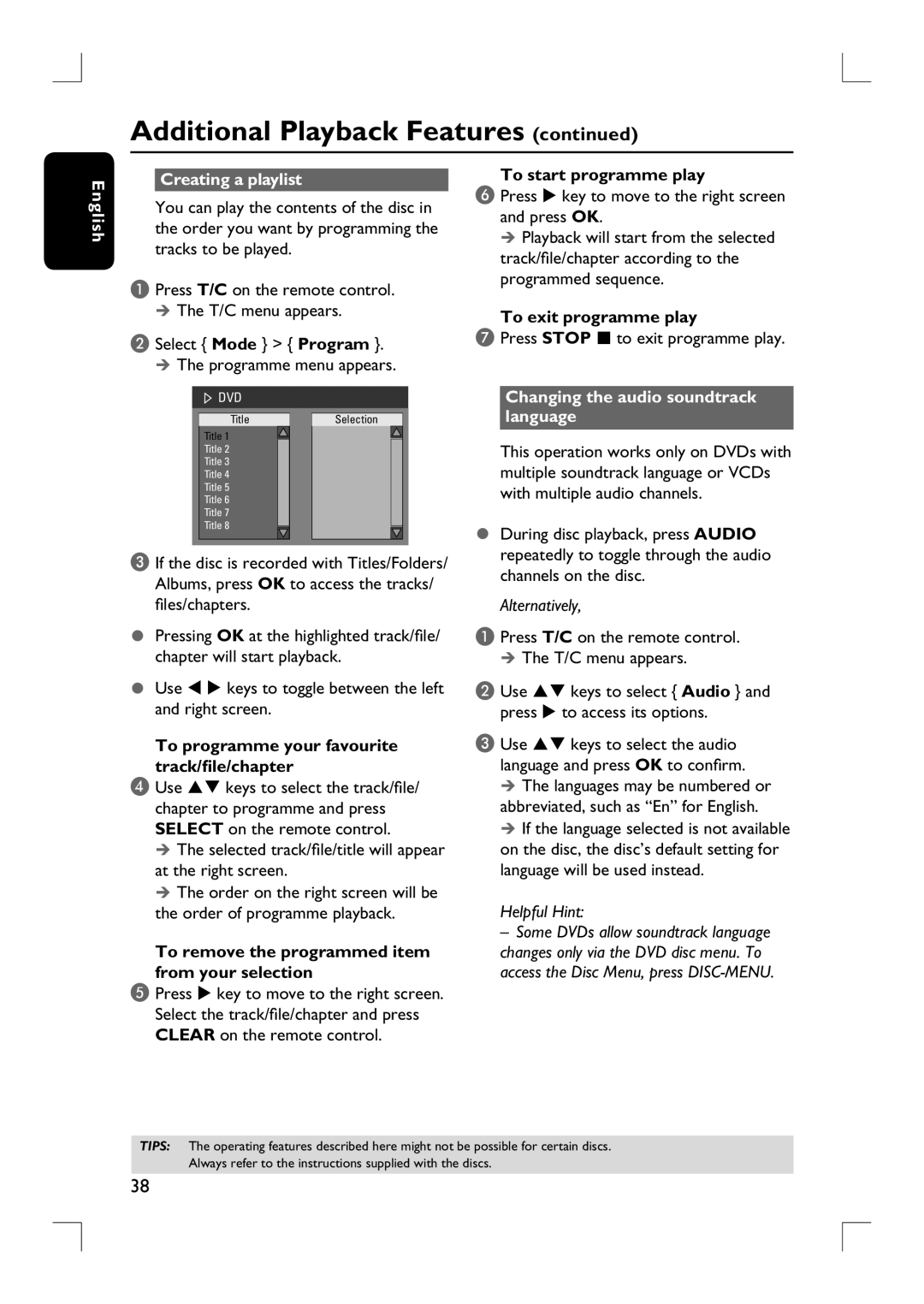 Philips DVDR3380 user manual English Creating a playlist, Changing the audio soundtrack language 