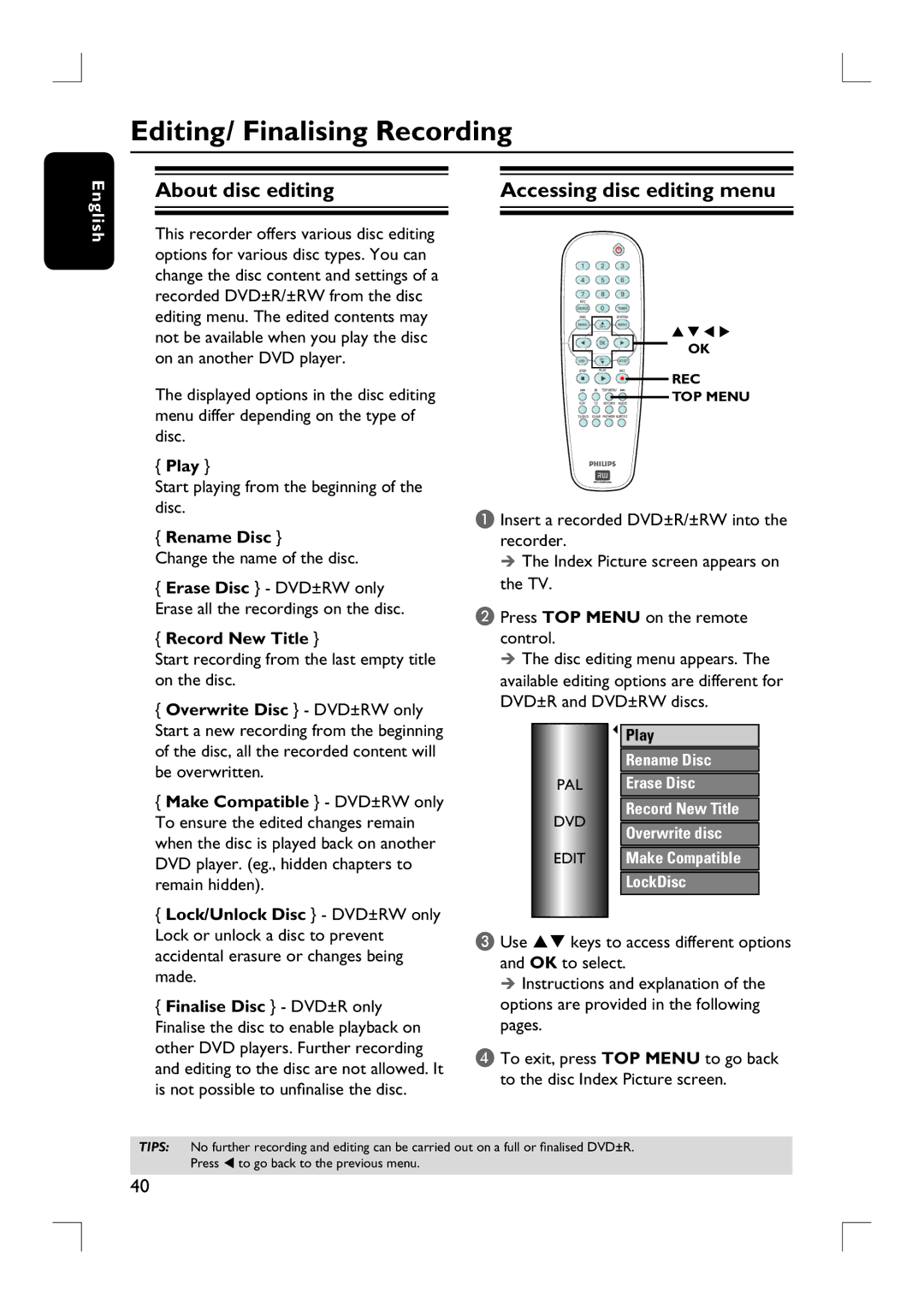 Philips DVDR3380 user manual Editing/ Finalising Recording, About disc editing, Accessing disc editing menu 