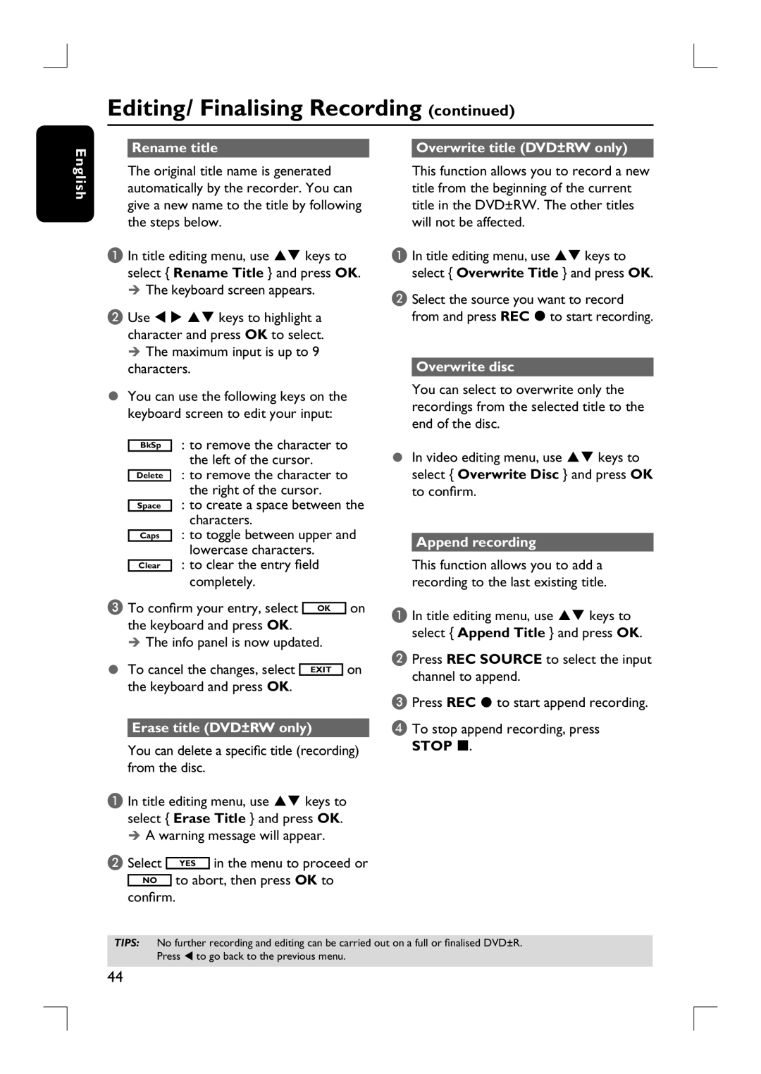 Philips DVDR3380 user manual English Rename title, Overwrite title DVD±RW only, Overwrite disc, Append recording 