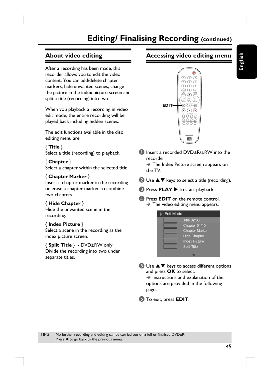 Philips DVDR3380 user manual About video editing 