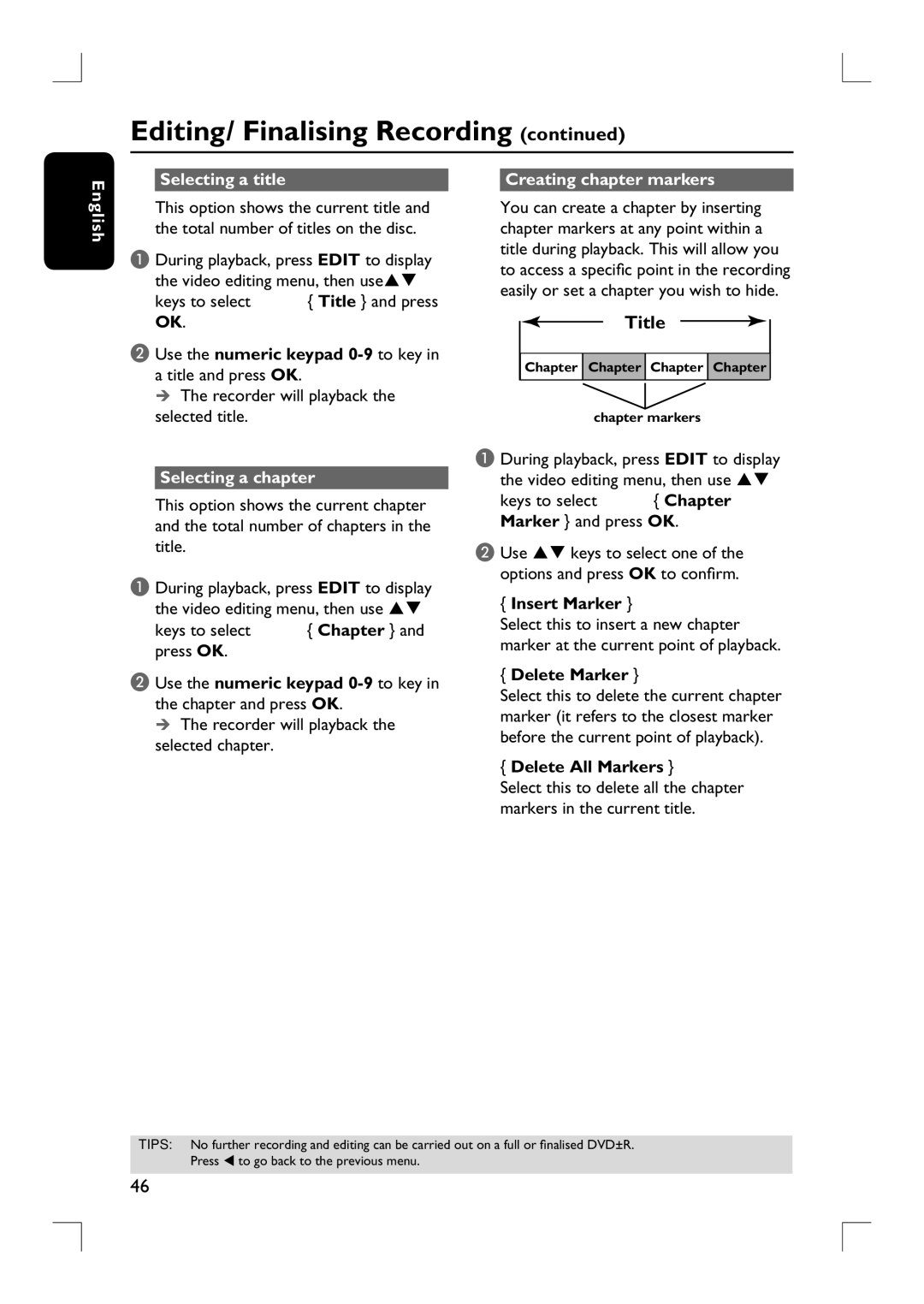 Philips DVDR3380 user manual English Selecting a title, Selecting a chapter, Creating chapter markers 