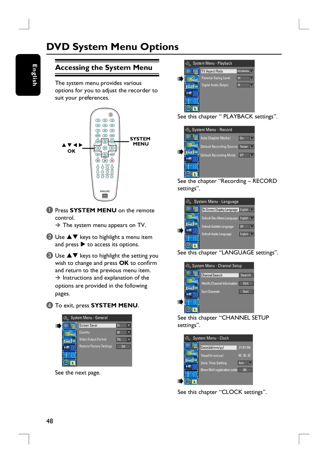 Philips DVDR3380 user manual DVD System Menu Options, Accessing the System Menu 