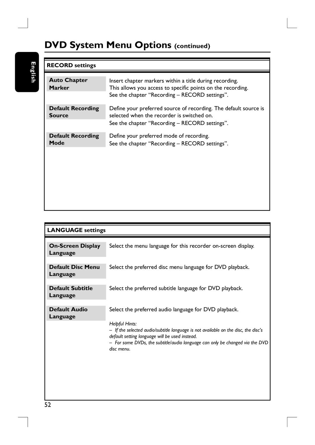 Philips DVDR3380 Language settings On-Screen Display, Select the menu language for this recorder on-screen display 