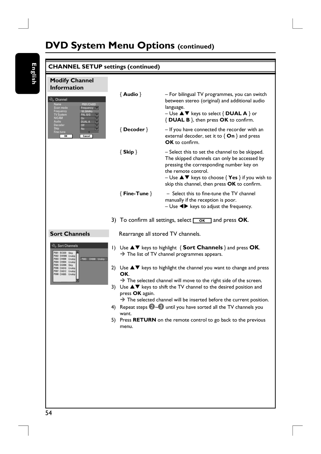 Philips DVDR3380 user manual Channel Setup settings Modify Channel Information, Sort Channels, Audio, Skip 