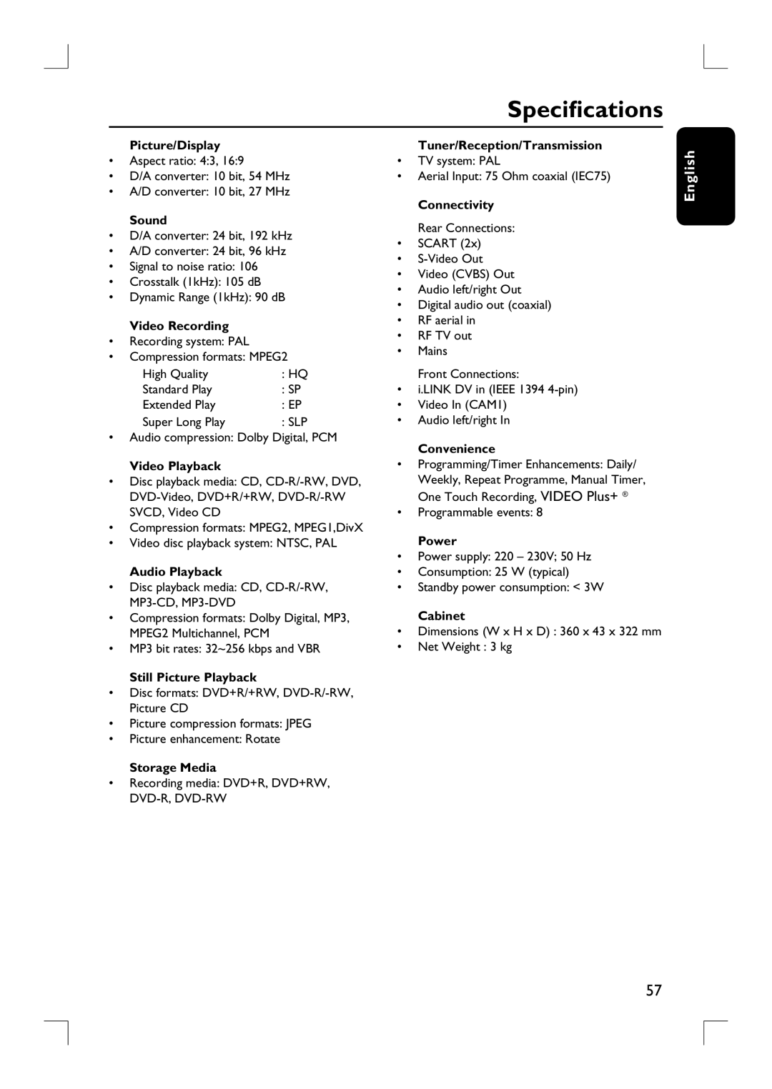 Philips DVDR3380 user manual Specifications 