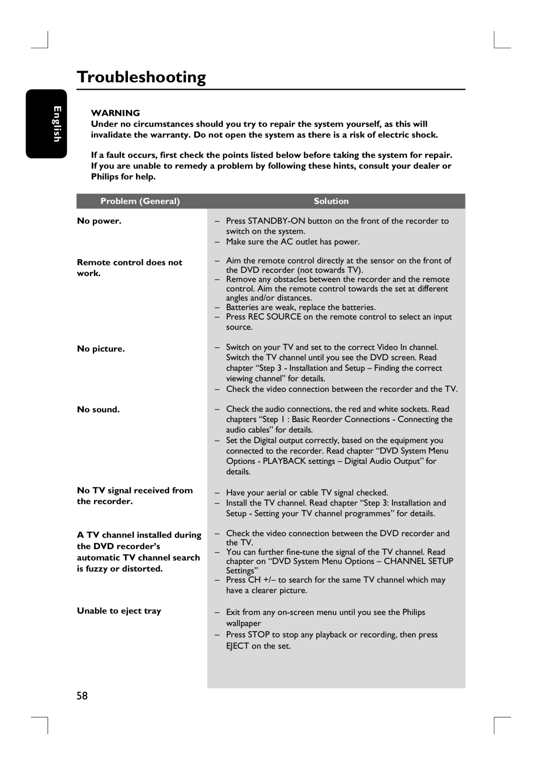 Philips DVDR3380 user manual Troubleshooting 