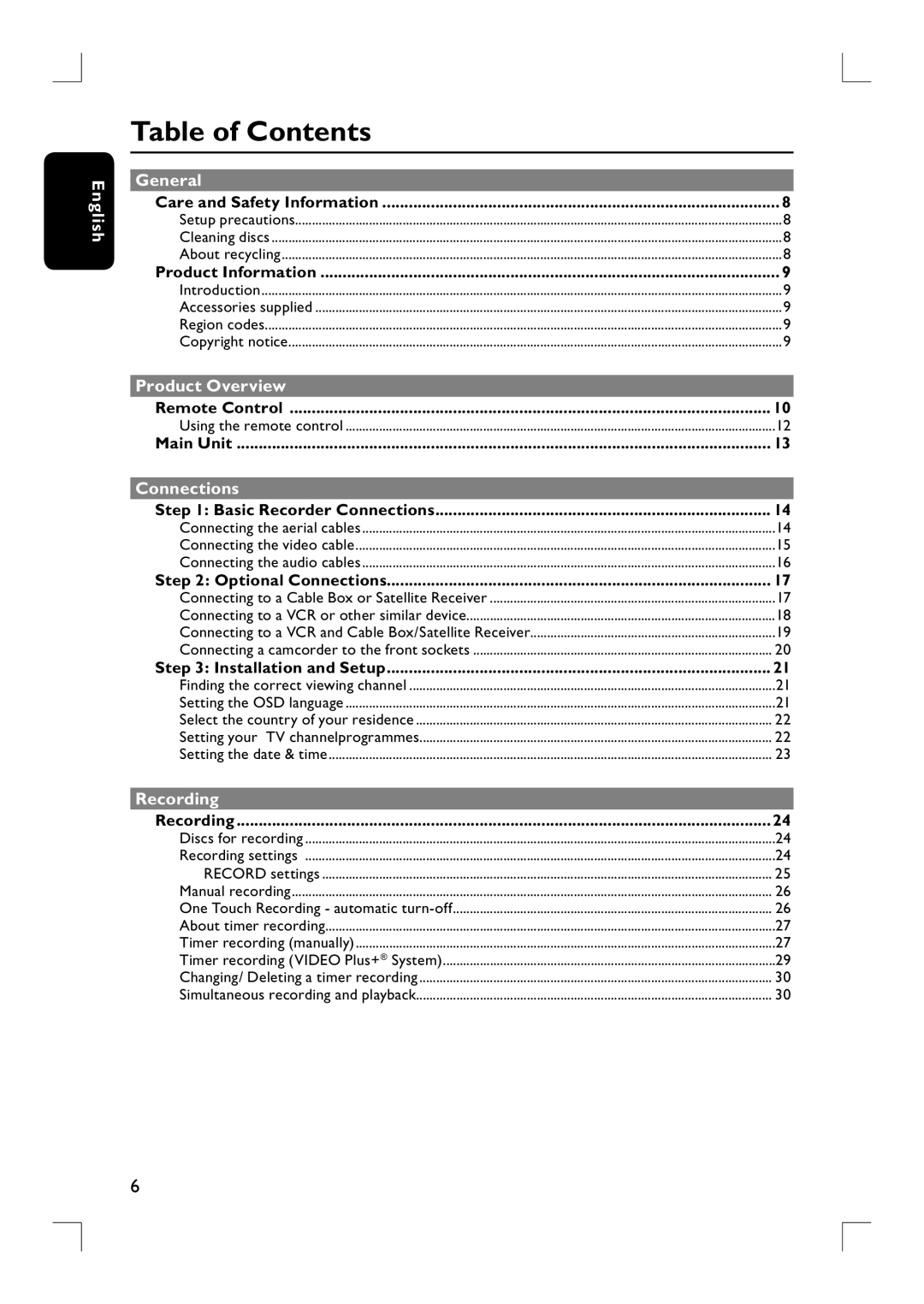 Philips DVDR3380 user manual Table of Contents 