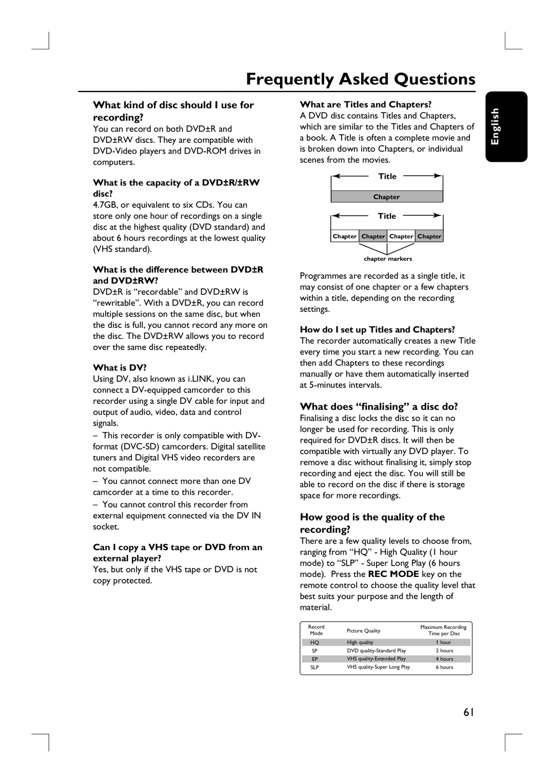 Philips DVDR3380 user manual Frequently Asked Questions, What kind of disc should I use for recording? 