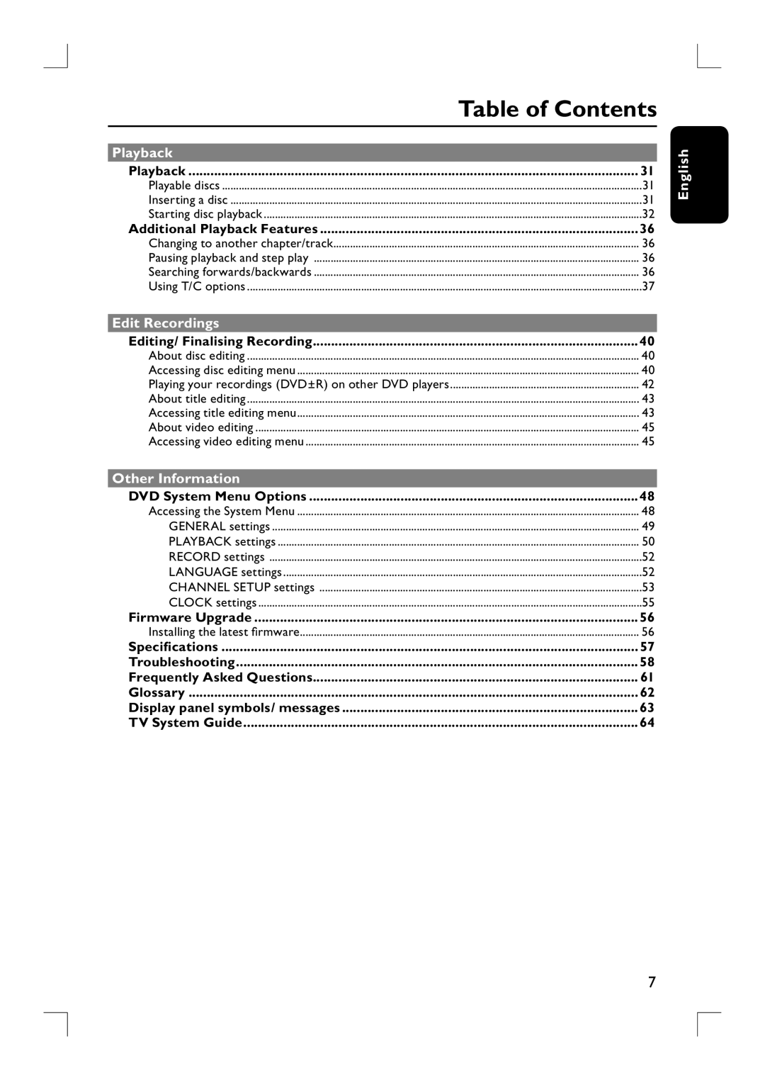 Philips DVDR3380 user manual Table of Contents 