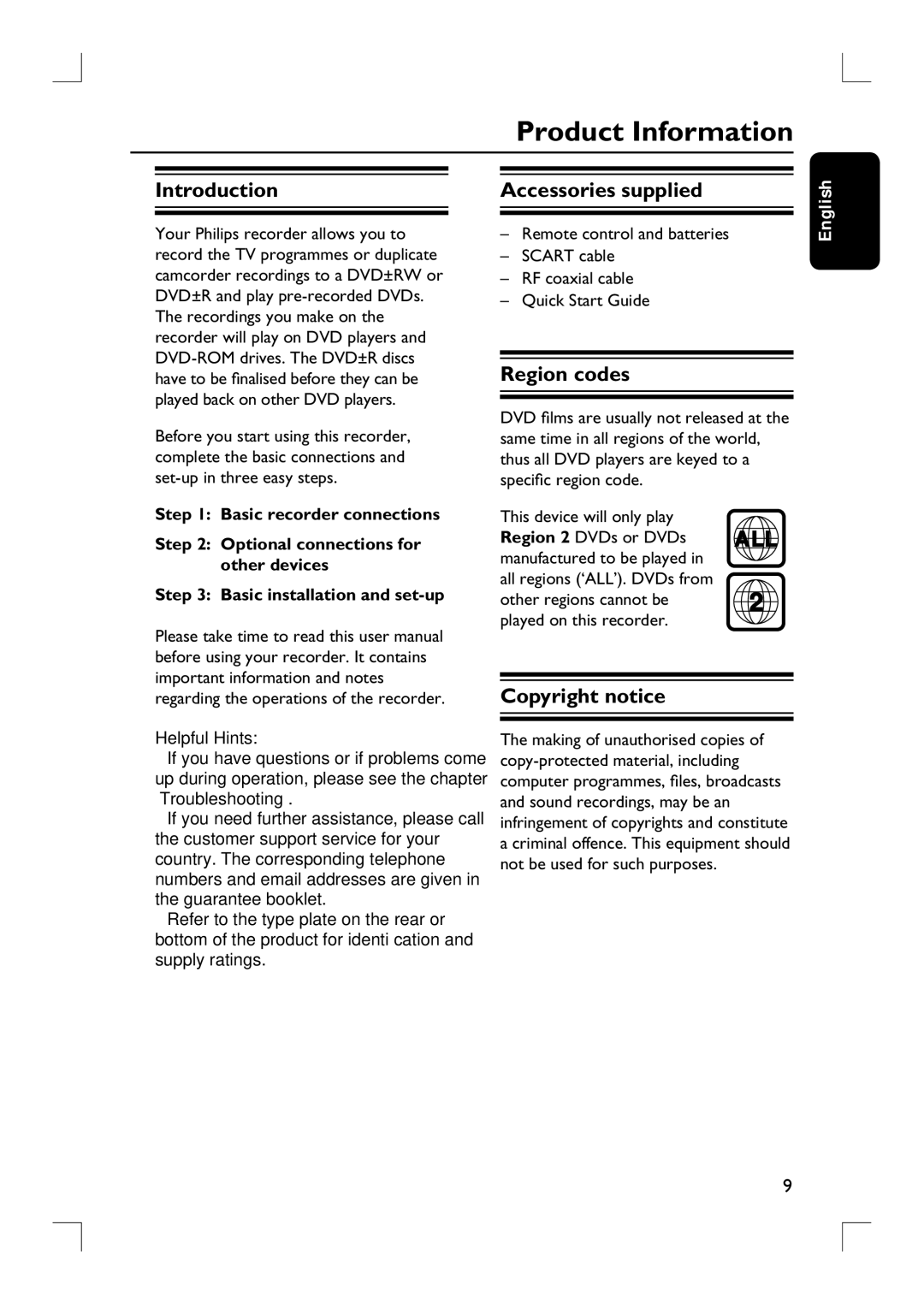 Philips DVDR3380 user manual Product Information, Introduction, Accessories supplied, Region codes, Copyright notice 