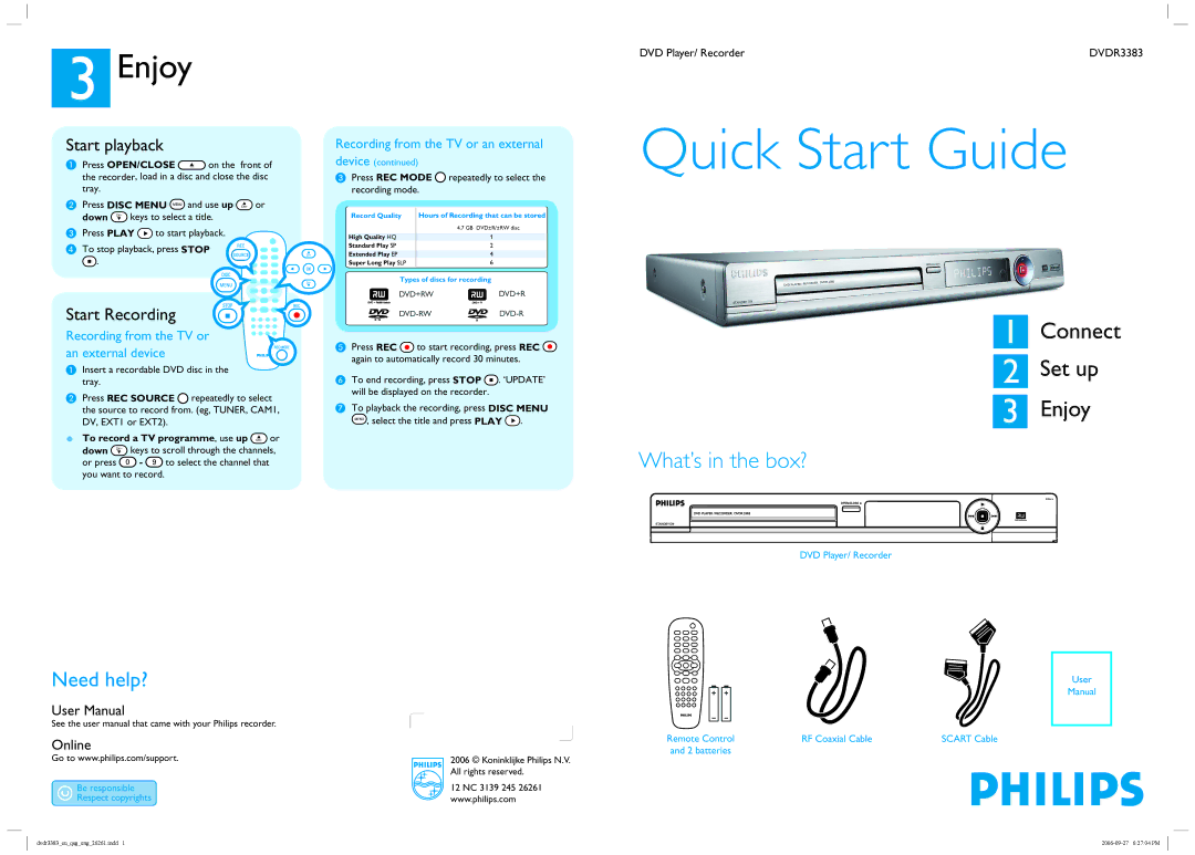 Philips DVDR3383/51 quick start Recording from the TV or an external device 