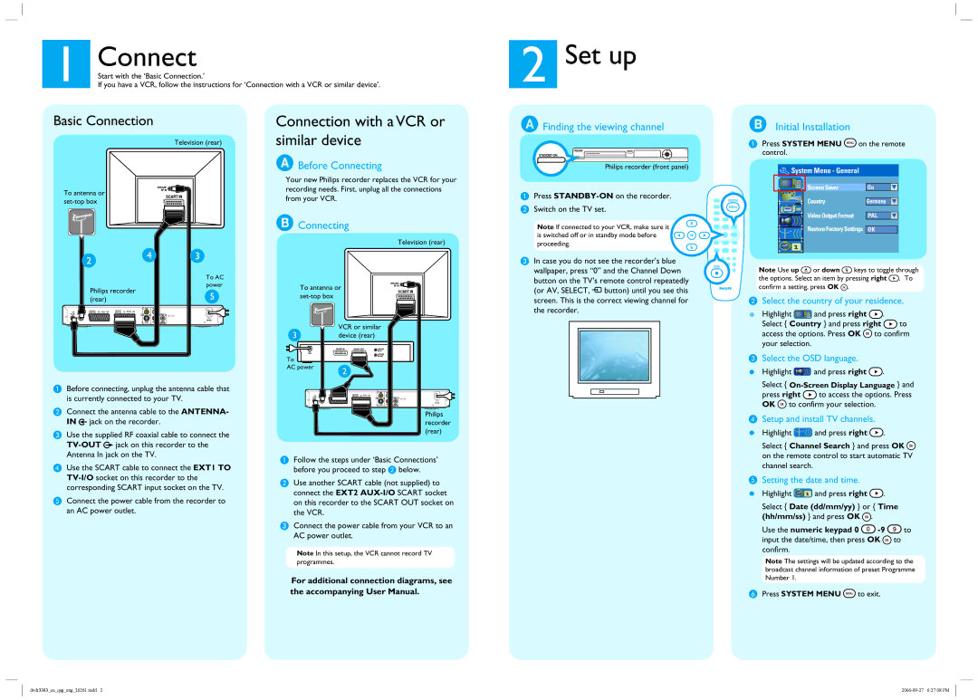 Philips DVDR3383/51 quick start Before Connecting, Finding the viewing channel, Initial Installation 