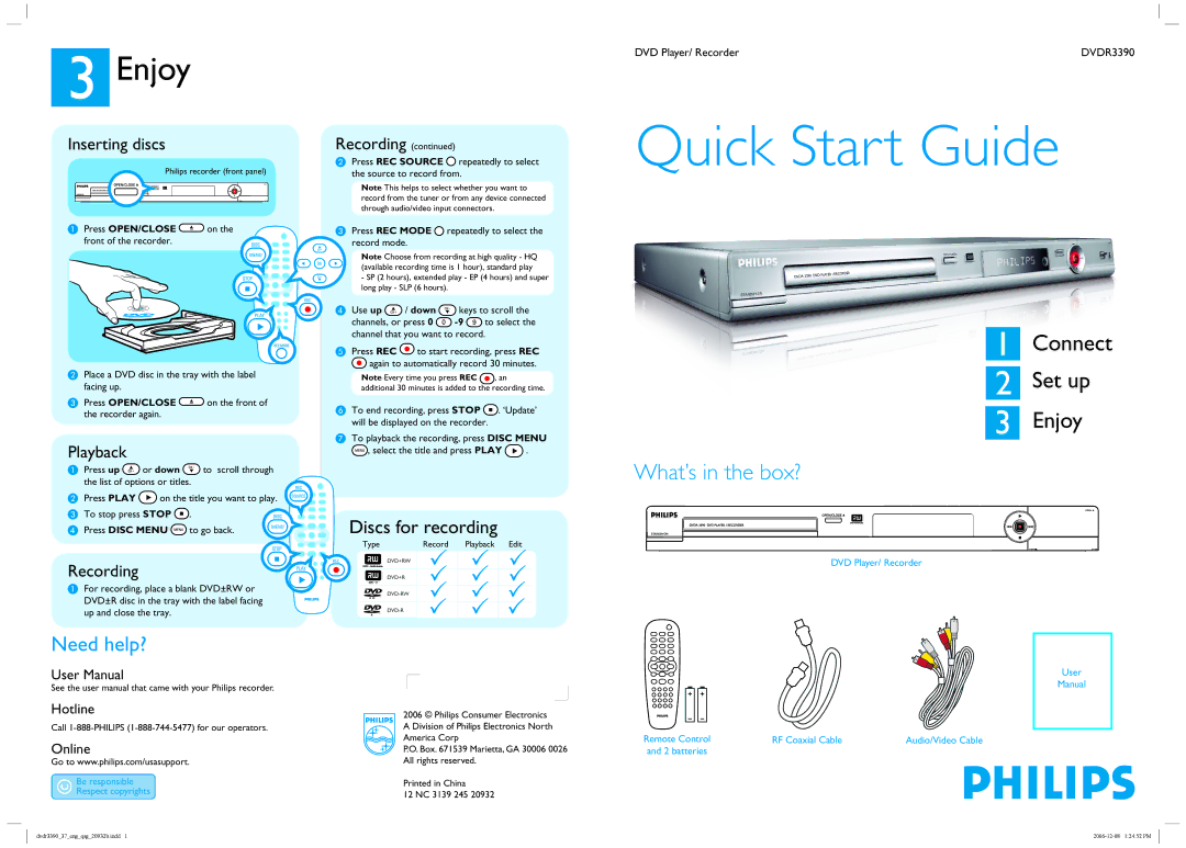 Philips DVDR3390 user manual DVD Player/ Recorder 