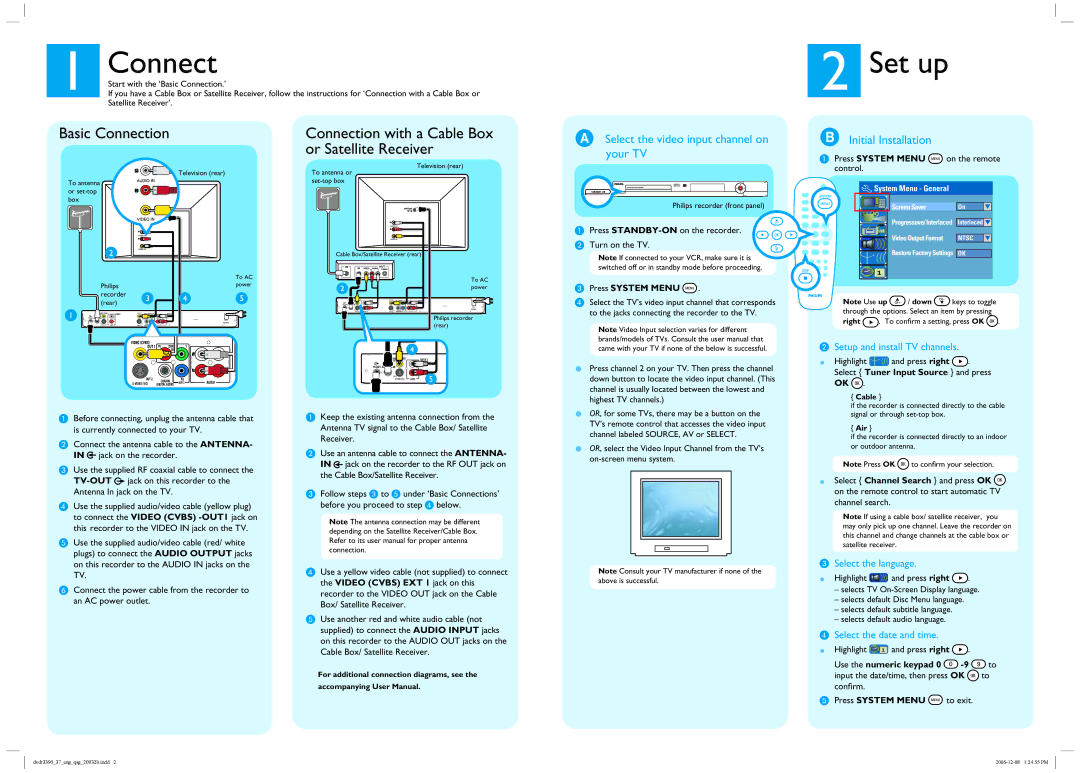 Philips DVDR3390 Basic Connection, Connection with a Cable Box or Satellite Receiver, Setup and install TV channels 