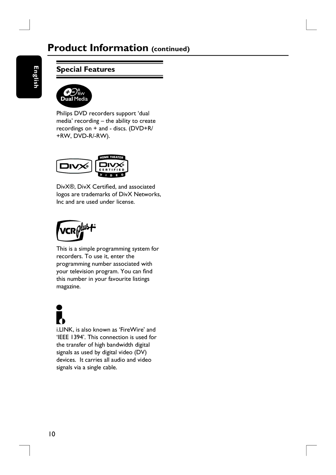 Philips DVDR3390 user manual Special Features 