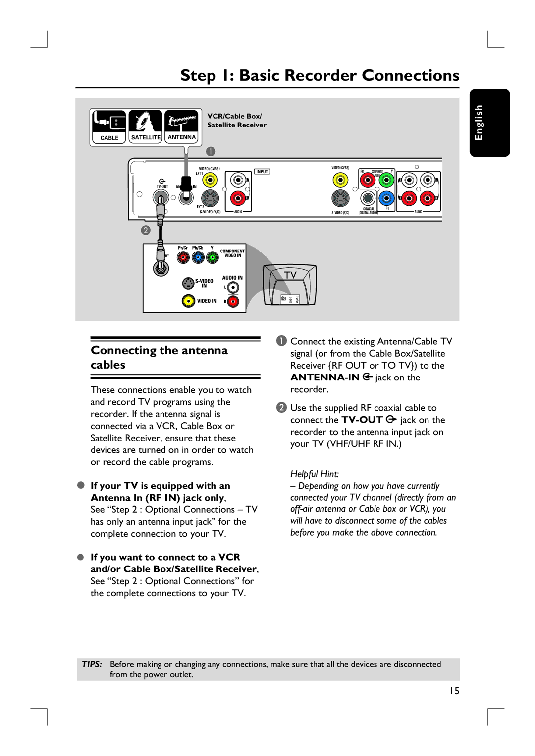 Philips DVDR3390 user manual Basic Recorder Connections, Connecting the antenna cables 