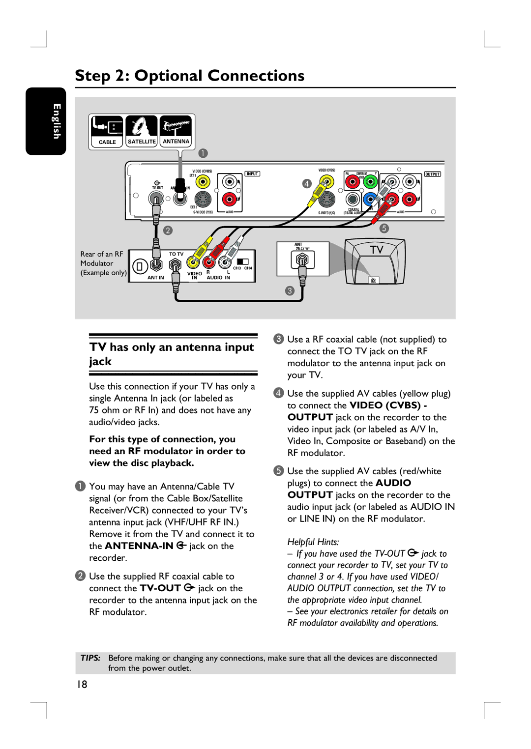 Philips DVDR3390 user manual Optional Connections, TV has only an antenna input jack 