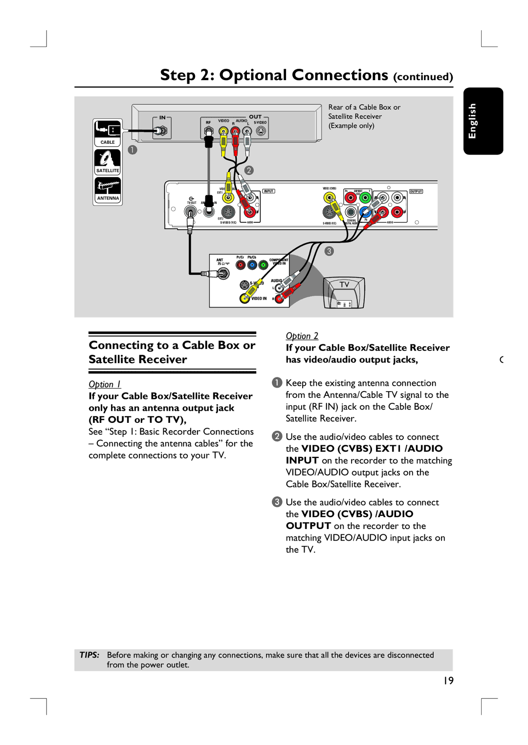 Philips DVDR3390 user manual Connecting to a Cable Box or Satellite Receiver, Video Cvbs EXT1 /AUDIO, Video Cvbs /AUDIO 