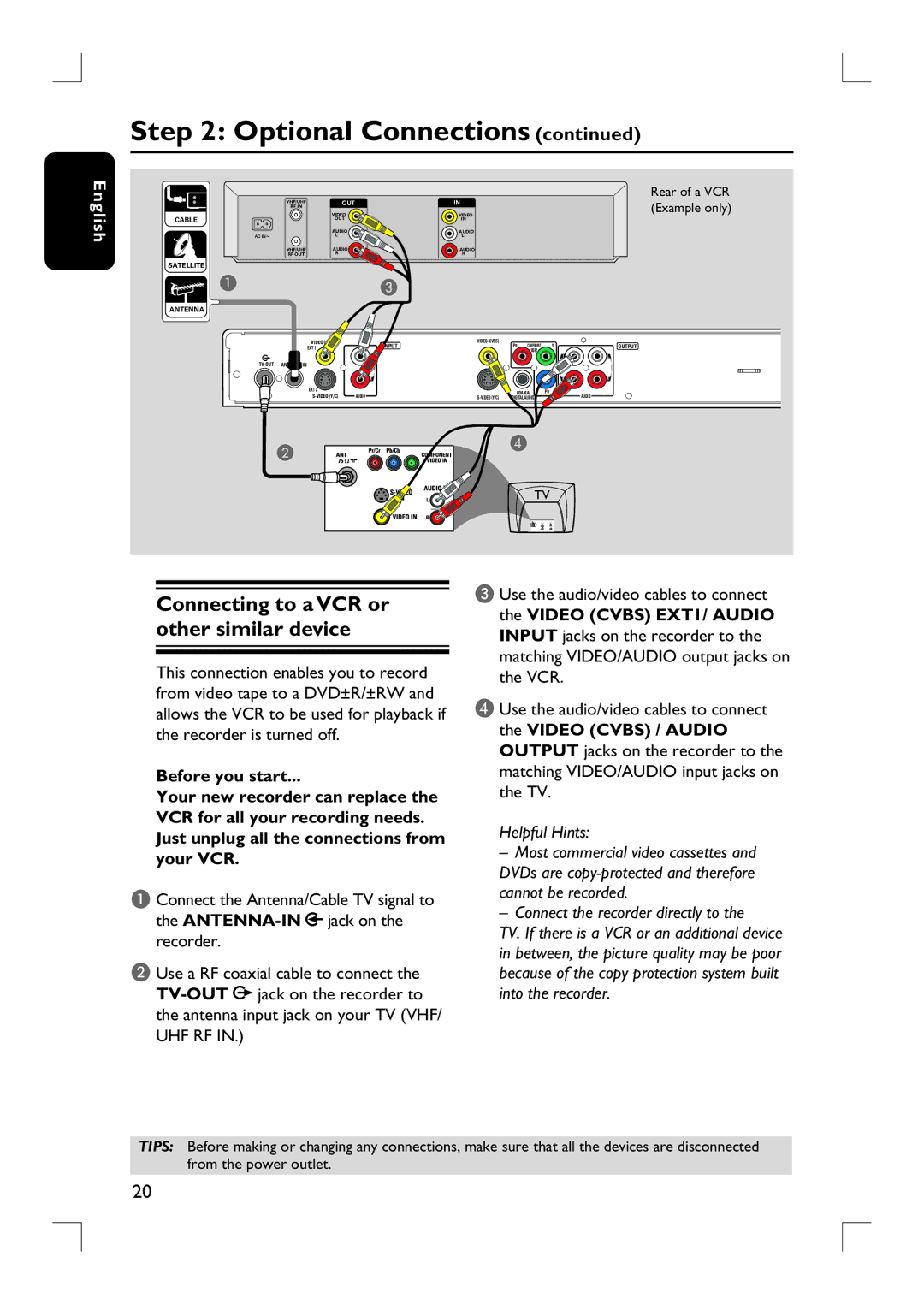 Philips DVDR3390 user manual Connecting to a VCR or other similar device, Video Cvbs EXT1/ Audio 