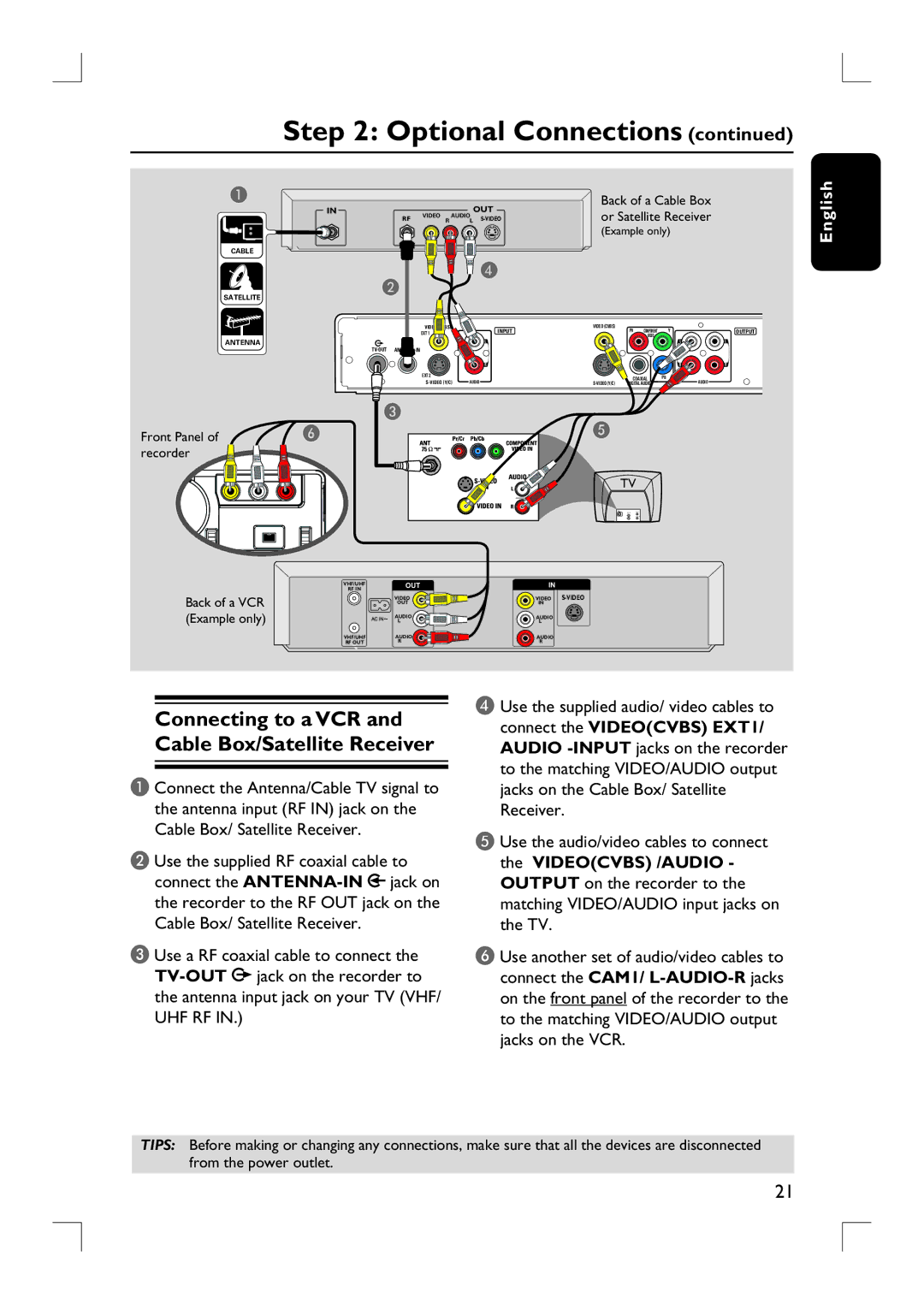 Philips DVDR3390 user manual Connecting to a VCR and Cable Box/Satellite Receiver, Connect the Videocvbs EXT1 