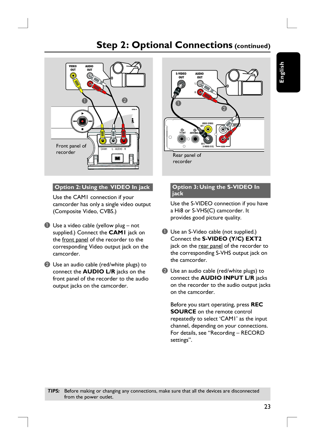 Philips DVDR3390 user manual English Option 2 Using the Video In jack, Option 3 Using the S-VIDEO In jack, Front panel 