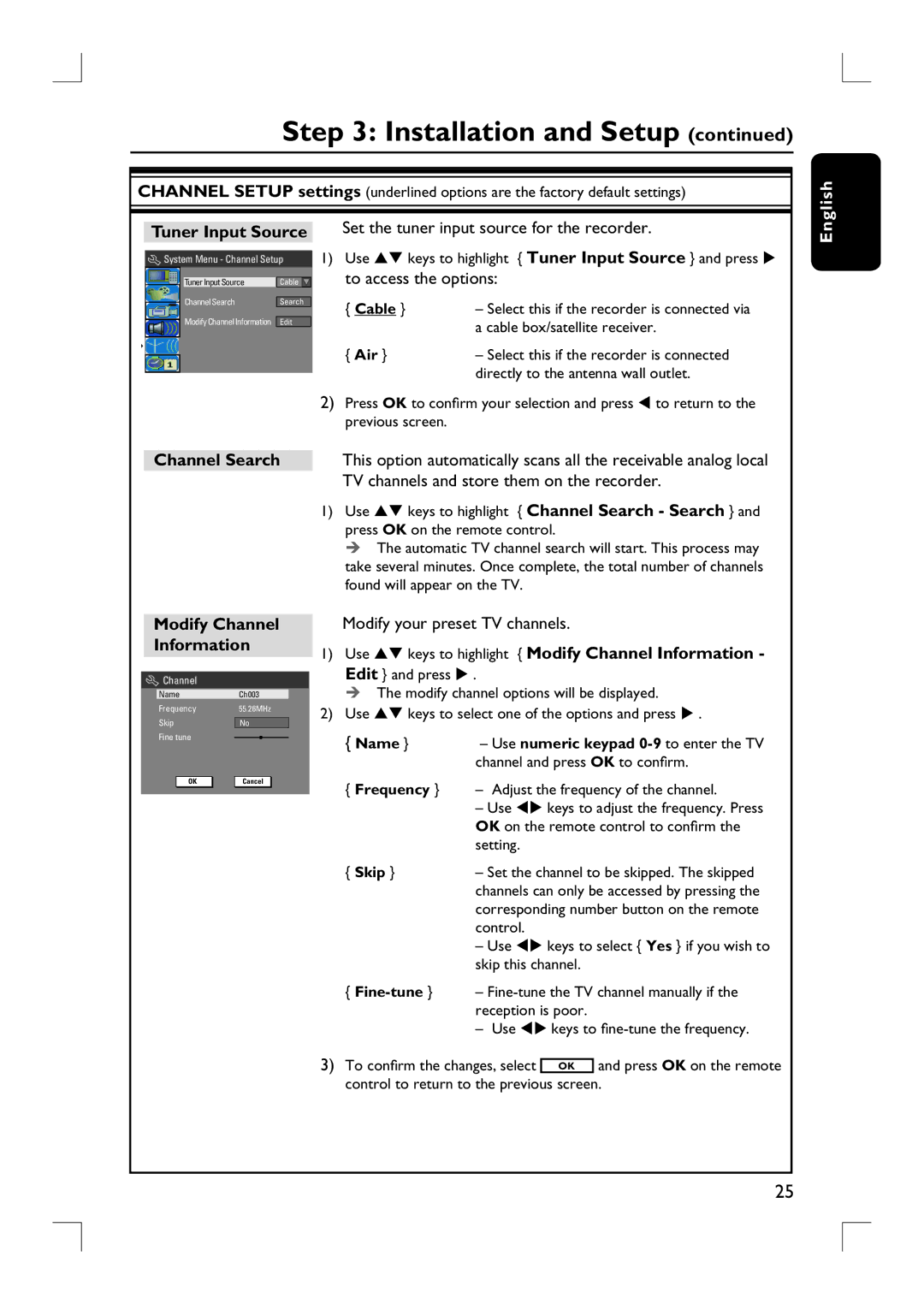 Philips DVDR3390 user manual Tuner Input Source, Channel Search, Modify Channel Information 