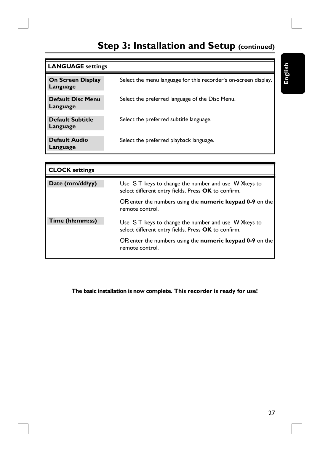 Philips DVDR3390 Language settings, Clock settings Date mm/dd/yy, Select different entry fields. Press OK to confirm 