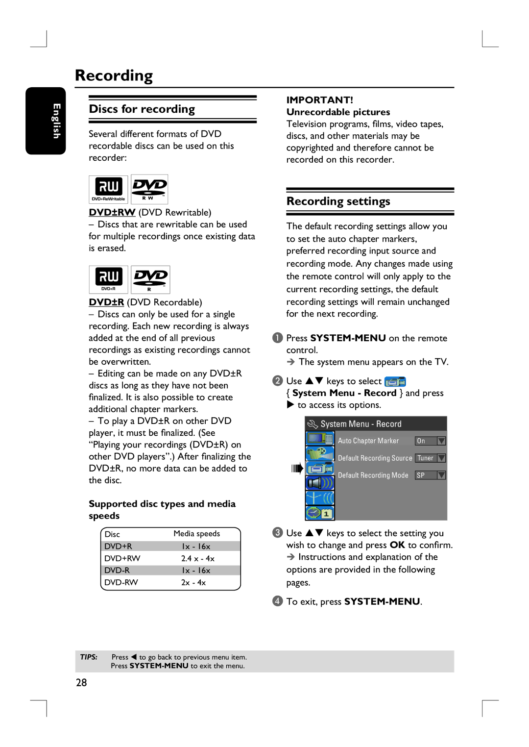 Philips DVDR3390 user manual Discs for recording, Recording settings 