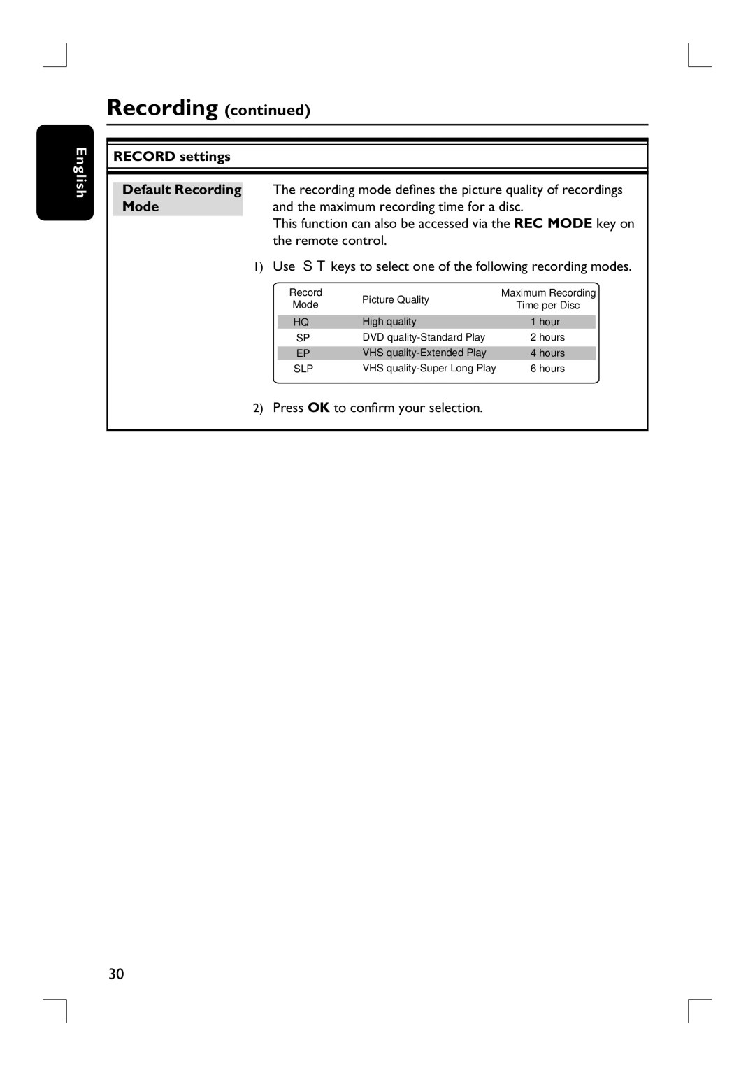 Philips DVDR3390 user manual Record settings 