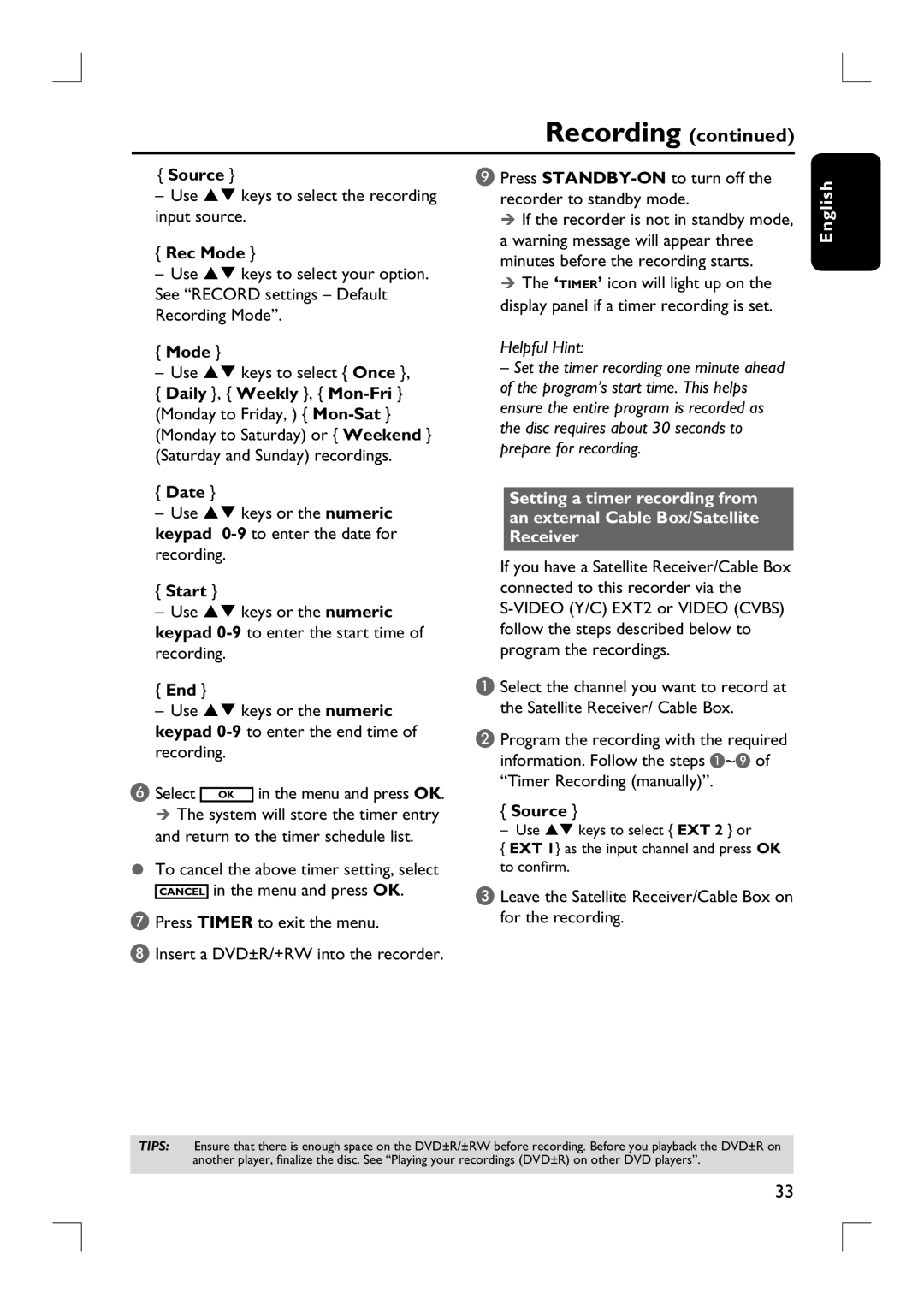 Philips DVDR3390 user manual Source, Mode, Date, Start, End 